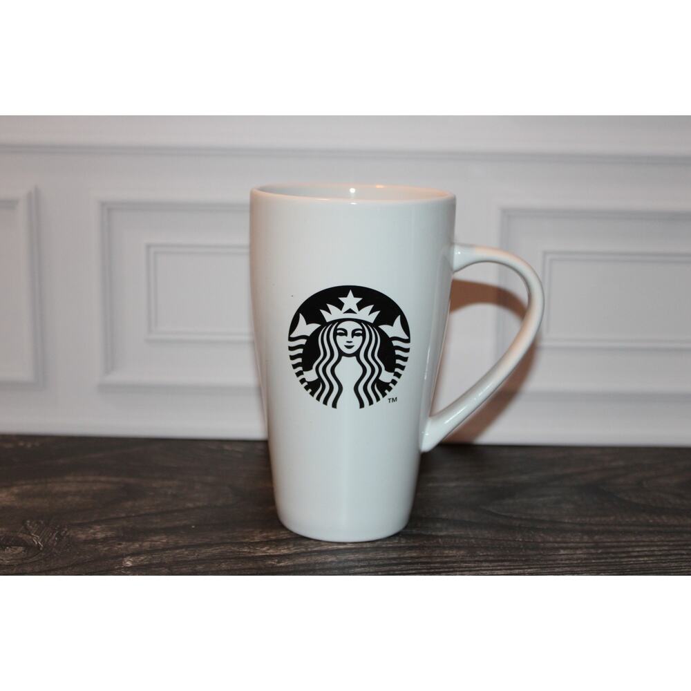 STARBUCKS Tall Coffee Mug Black/White Ceramic Mermaid Logo 18 oz EUC